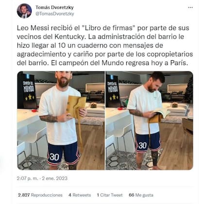 El periodista rosarino Tomás Dvoretzky publicó la noticia dl galo que recibió Lionel Messi por parte de sus vecinos del barrio privado Kentucky