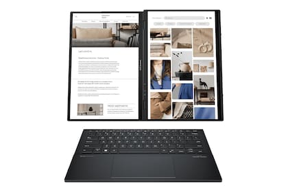 El pie de la Asus Zenbook Duo permite poner a la notebook de costado para usar otra configuración de sus dos pantallas
