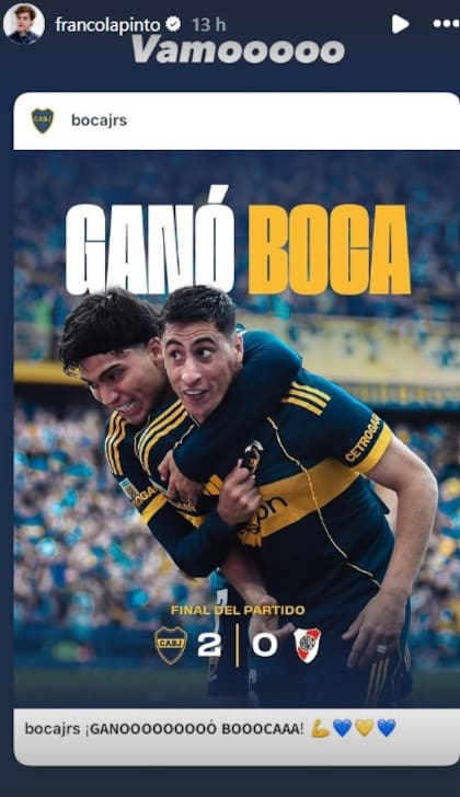 El piloto celebró la victoria de su equipo con la expresión "Vamooooo" junto a una foto de los goleadores