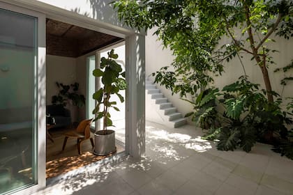 El piso de patio, de baldosas de terrazo ‘Granitico Chromatic Natural’ (Quadri). Las grandes puertas corredizas de vidrio conectan por completo el interior con el patio.