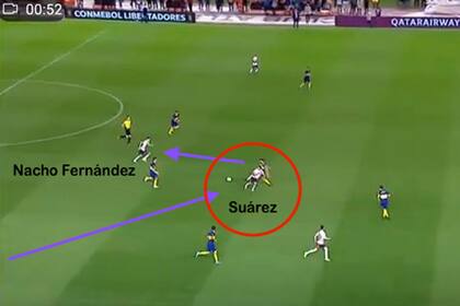 El pivoteo de Suárez para Nacho Fernández, en el arranque del 2-0 de Nacho vs Boca, por la ida de la semifinal de la Libertadores 2019