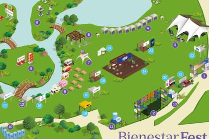 El plano del Bienestar Fest, con los espacios para las actividades en medio del verde en el Hipódromo de Palermo