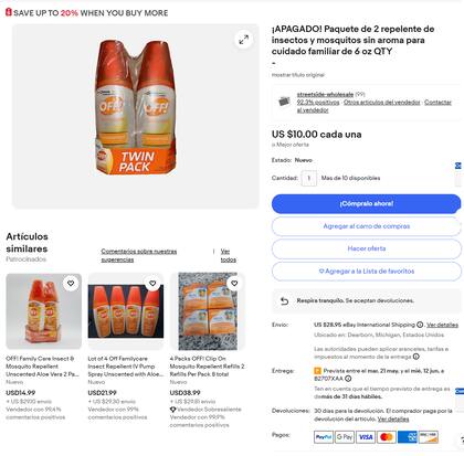 El plazo de entrega estimado de un repelente desde Estados Unidos a la ciudad de Buenos Aires supera los 30 días hábiles