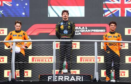El podio del GP de Monza: Charles Leclerc primero, Oscar Piastri segundo y Lando Norris tercero