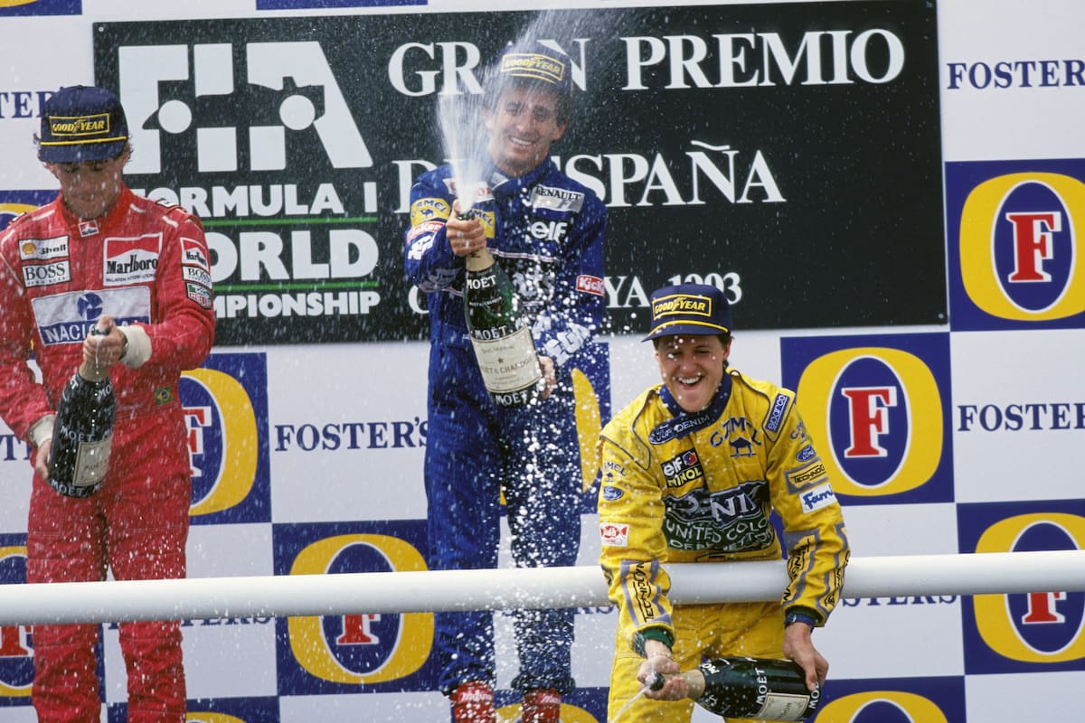 El podio histórico: Ayrton Senna, Alain Prost y Michael Schumacher en el GP de España de 1993; entre los tres concentraron 14 títulos mundiales