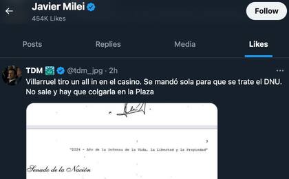 El polémica "me gusta" que Javier Milei habría dado a una publicación contra la vicepresidenta Victoria Villarruel