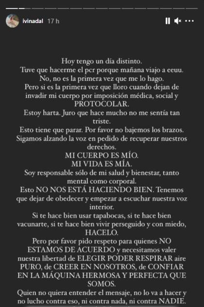 El polémico mensaje de Ivana Nadal en Instagram sobre el hisopado y las medidas de prevención contra el coronavirus