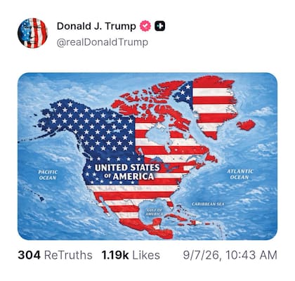 El polémico posteo de un mapa ampliado de Estados Unidos que el presidente Donald Trump realizó el 7 de septiembre de 2026 en sus redes sociales