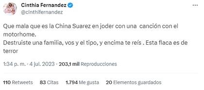 El polémico tuit de Cinthia Fernández contra La China