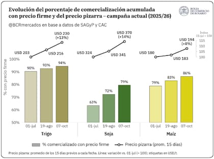 El porcentaje de granos comercializados con precio firme aumentó en trigo, soja y maíz, acompañado por una mejora de las cotizaciones locales