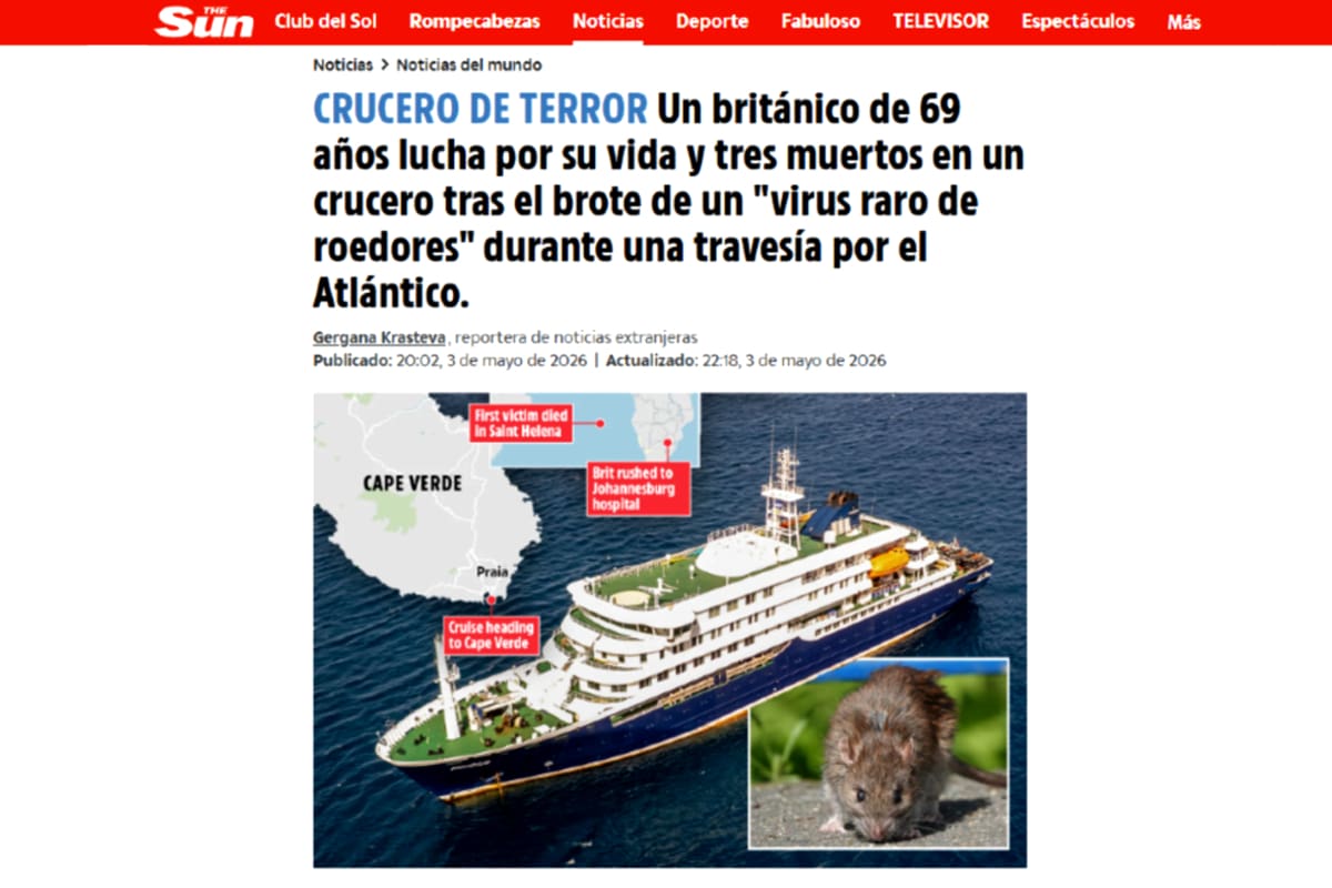 El portal británico The Sun habló del "crucero del terror" al referirse al brote de hantavirus que se desató a bordo del MV Hondius