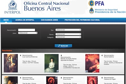 El portal de Interpol donde figura el registro de obras robadas creado por El Haibe.