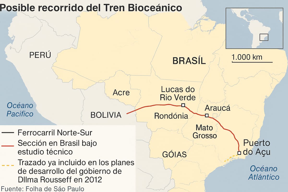 El posible recorrido que hará el tren bioceánico que pretenden construir Brasil y China