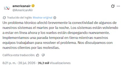 El posteo con el que la compañía anunció el desperfecto