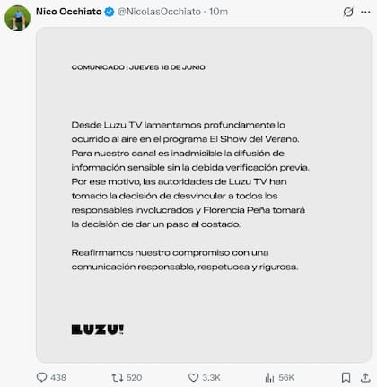 El posteo con el que Nico Occhiato anunció la desvinculación de Flor Peña
