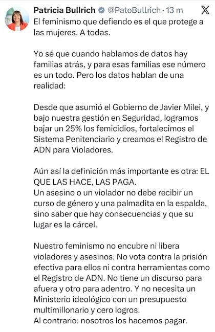 El posteo de Bullrich