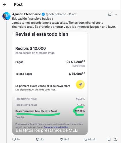 El posteo de Agustín Etchebarne en X