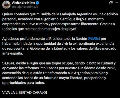 El posteo de Alejandro Nimo