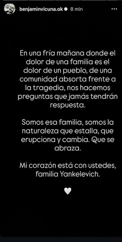 El posteo de Benjamín Vicuña tras la muerte de Mila Yankelevich