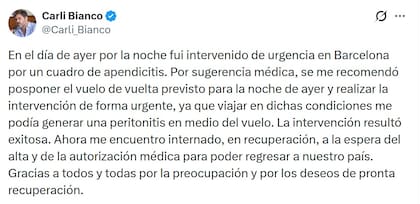 El posteo de Bianco tras ser operado en Barcelona