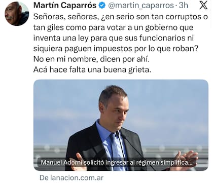 El posteo de Caparrón, al hacerse eco de la nota de LA NACION