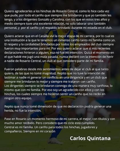 El posteo de Carlos Quintana en donde aclara sus dichos: "No tuve la intención de lastimar a nadie"
