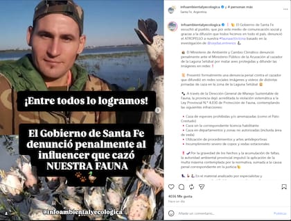 El posteo de Ceydas tras presentación de la denuncia del gobierno santafesino contra el influencer de la caza deportiva