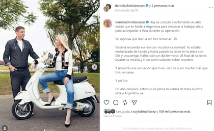 El posteo de Christiansson sobre su mudanza a la Argentina