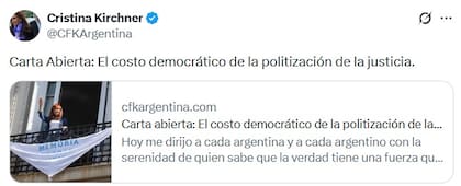 El posteo de Cristina en X, donde difundió una carta abierta