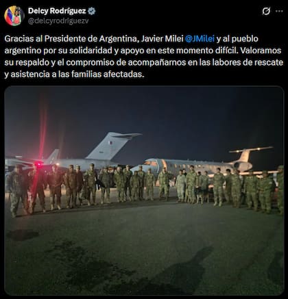 El posteo de Delcy Rodríguez en agradecimiento a Javier Milei