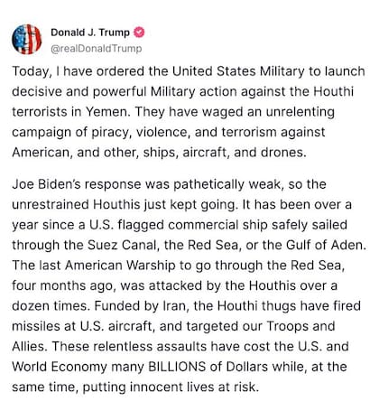 El posteo de Donald Trump donde anunció la operación militar