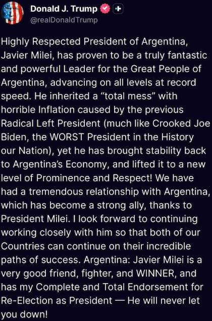 El posteo de Donald Trump donde respalda al Presidente Javier Milei (Truth Social: @realDonaldTrump)