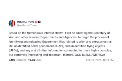 El posteo de Donald Trump en Truth Social sobre la desclasificación de documentos sobre OVNIs y vida extraterrestre
