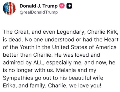 El posteo de Donald Trump tras la muerte de Charlie Kirk (Fuente: Truth Social @realDonaldTrump)