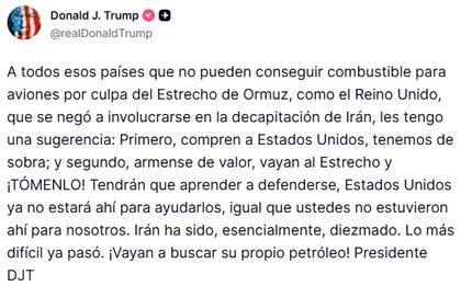 El posteo de Donald Trump (Truth Social: @realDonaldTrump)