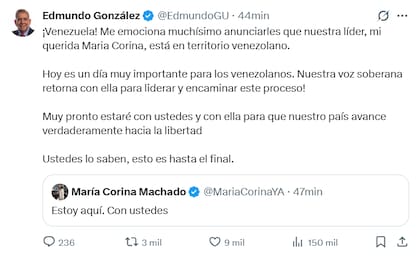 El posteo de Edmundo González, tras el regreso de María Corina Machado a Venezuela