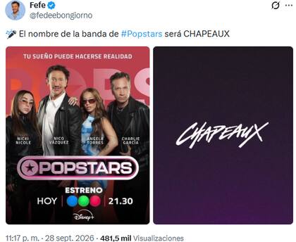 El posteo de Fefe Bongiorno sobre el nombre que tendrá la banda de Popstars