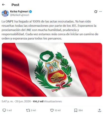 El posteo de Fujimori tras conocerse el escrutinio completo