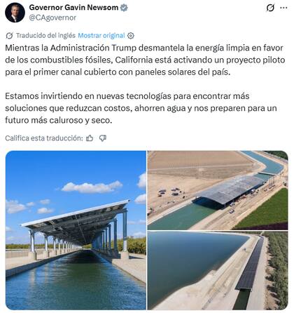 El posteo de Gavin Newsom destacando la apuesta por generar energía limpia en el Valle Central de California