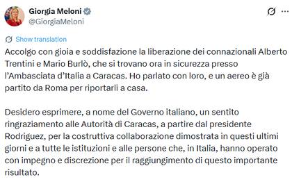 El posteo de Giorgia Meloni tras la liberación de presos políticos en Venezuela (X: @GioigiaMeloni)