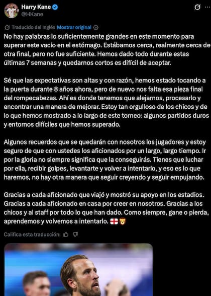 El posteo de Harry Kane tras la derrota británica
