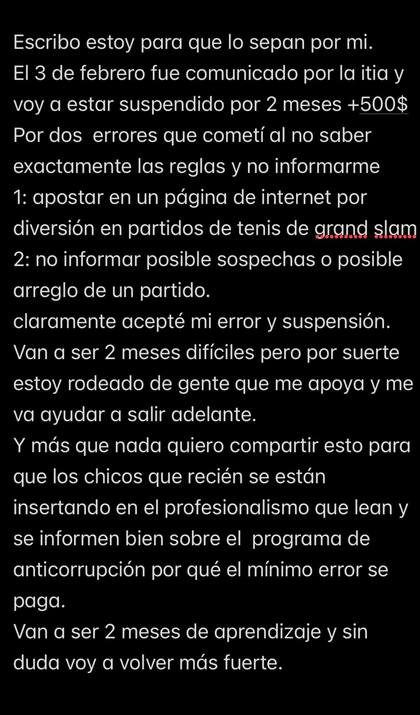 El posteo de Hernán Casanova reconociendo el error cometido