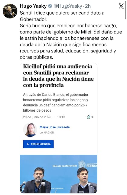 El posteo de Hugo Yasky