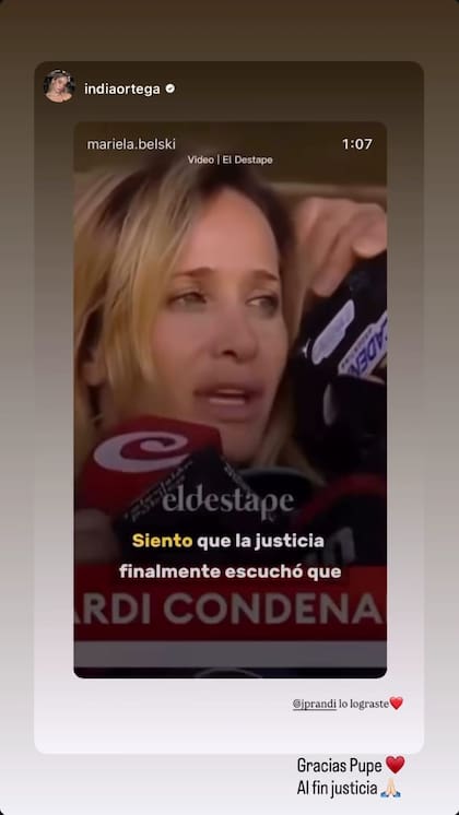 El posteo de India Ortega en apoyo a Julieta Prandi