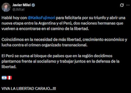 El posteo de Javier Milei