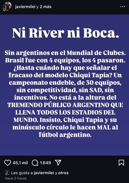 El posteo de Javier Milei en Instagram