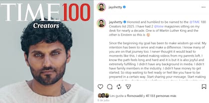 El posteo de Jay Shetty al agradecer el nombramiento especial de la revista Time