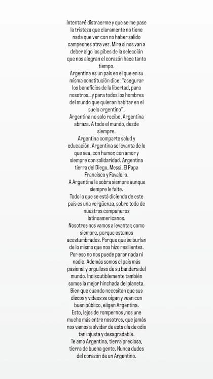 El posteo de Jimena Barón a favor de la Argentina