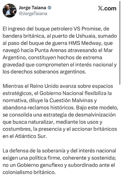 El posteo de Jorge Taiana