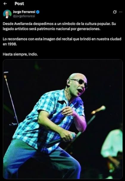 El posteo de Jorge Ferraresi sobre el fallecimiento del Indio Solari